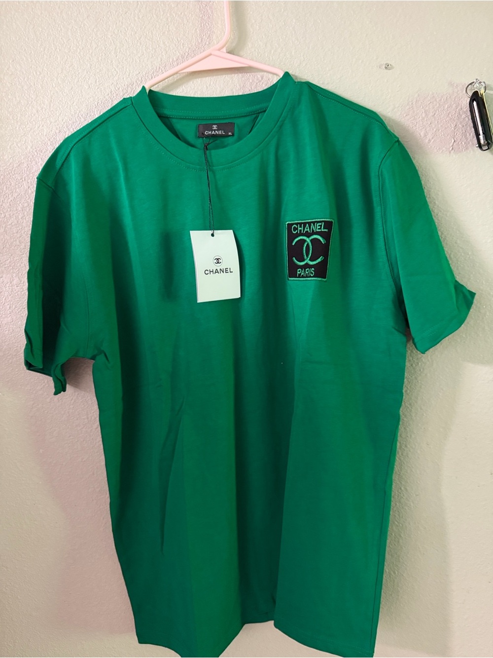 CHANEL Green Short-Sleeve Logo Patch Crewneck Tee